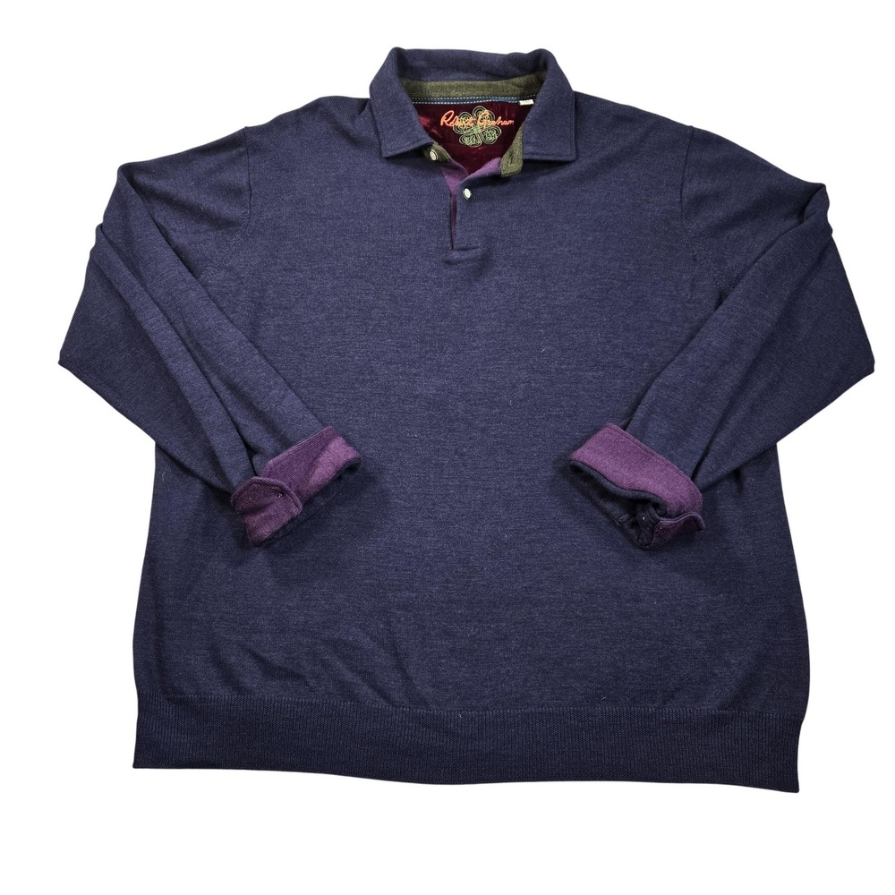Robert Graham Sweater Mens 3XL Blue Wool Collared Knit Pullover Long Sleeve